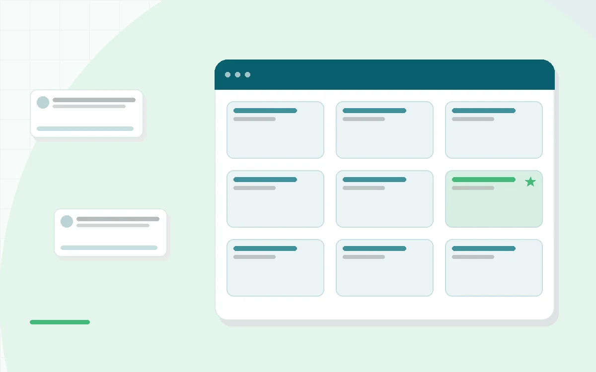 Flat illustration of a phone showing a personal feed next to a shelf of meditation titles, teal and mint palette
