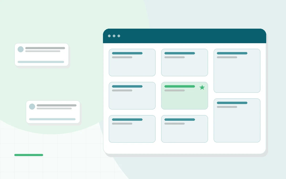 Flat illustration of a person at a daily check-in screen with branching paths leading to a meditation session, teal and mint palette