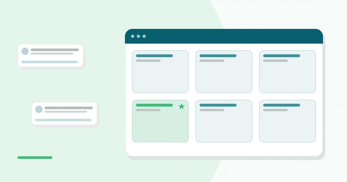 Flat illustration of six open gratitude journals on a desk beside pens and a month calendar, teal and mint palette