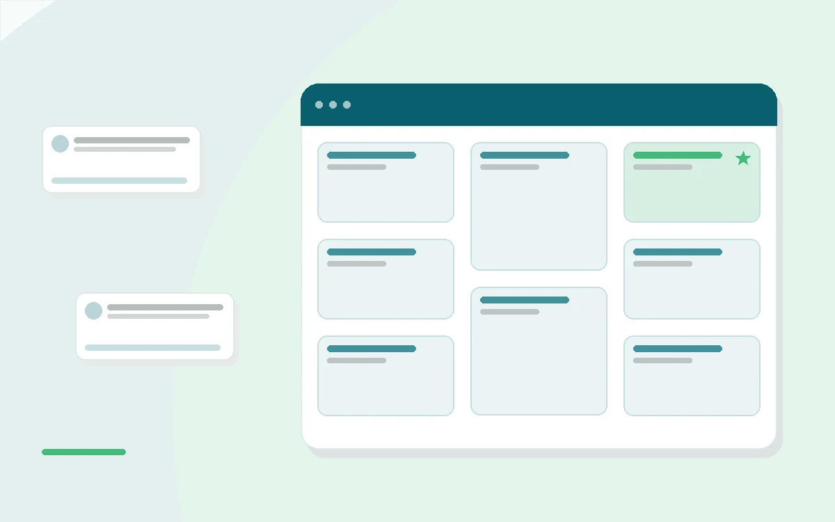 Flat illustration of six open gratitude journals lined up on a desk beside pens and a month-long calendar, teal and mint palette