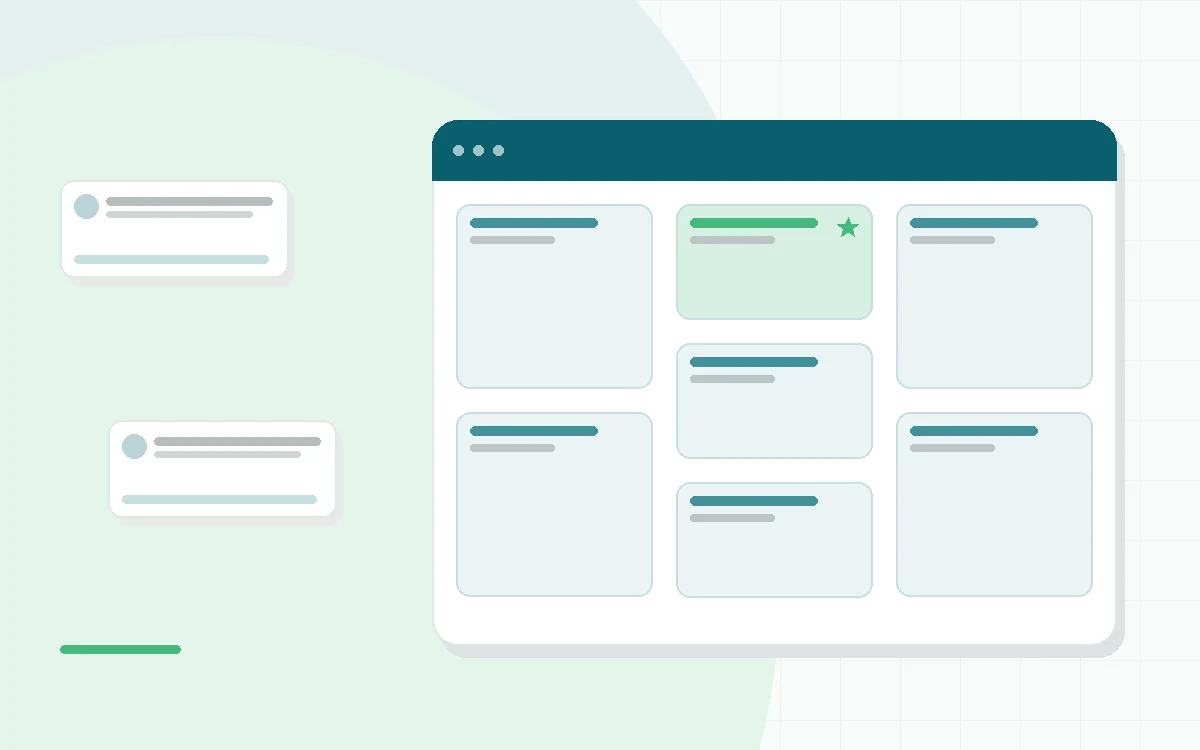 Flat illustration of seven light therapy lamps of different sizes on a winter desk beside a tape measure and a checklist, teal and mint palette