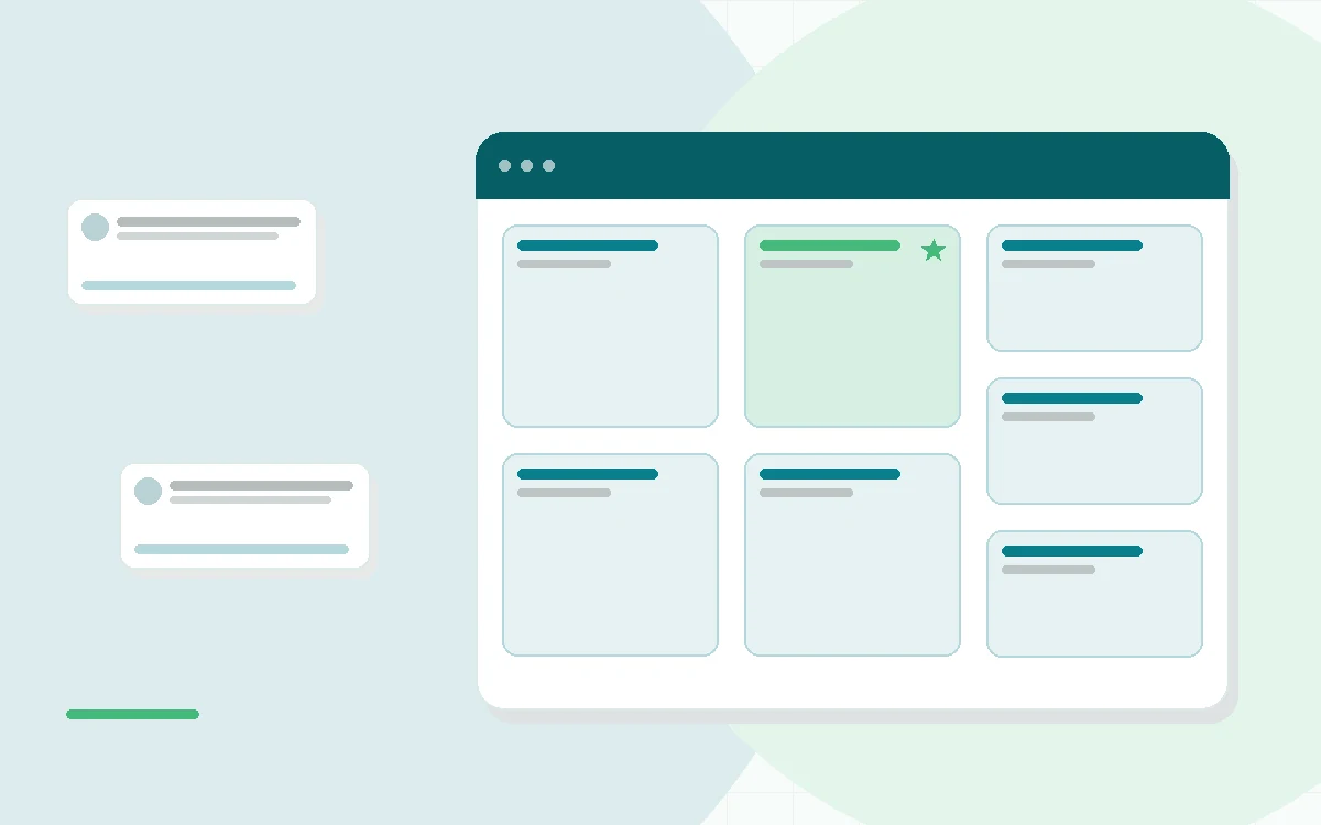 Flat illustration of seven supplement bottles and a scoop arranged beside a magnifying glass over a label, teal and mint palette