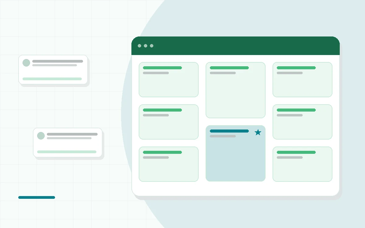 Flat illustration of a massage gun resting on a bench beside a checklist, a calendar and a stopwatch, teal and mint palette