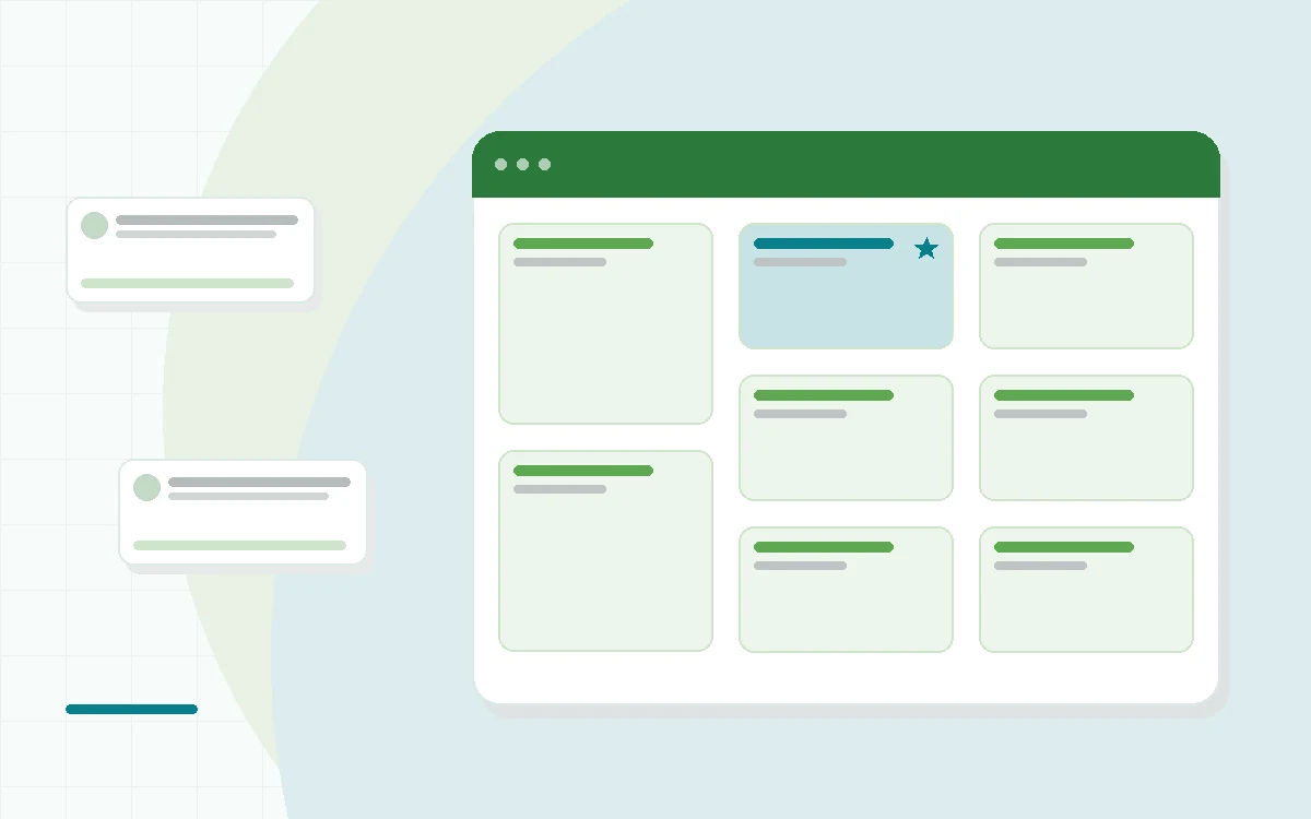 Flat illustration of a smartphone meal plan beside a grocery list, shopping basket and family dinner table, teal and mint palette