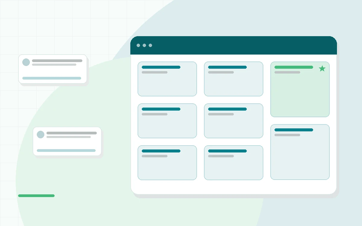 Flat illustration of protein powder tubs beside a shaker bottle and a glass, teal and mint palette