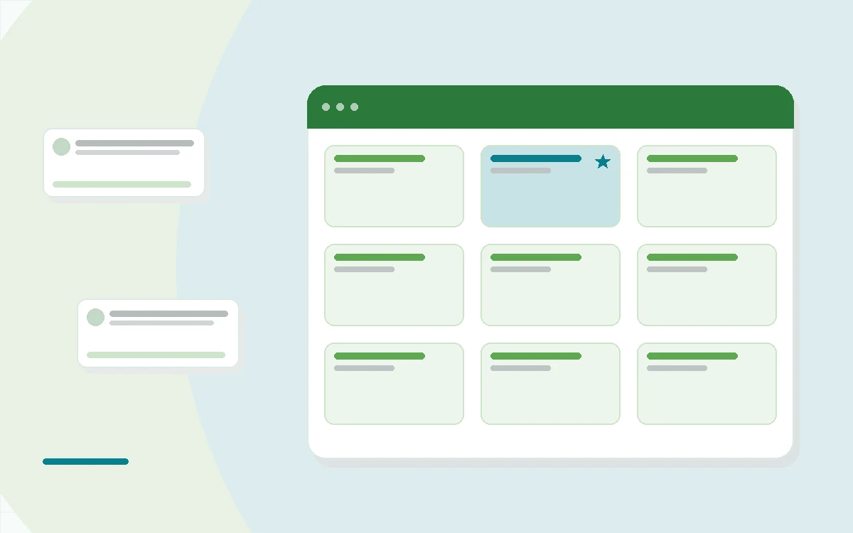 Flat illustration of an open meal kit box with fresh vegetables, a recipe card, a timer and a checklist on a kitchen counter, teal and mint palette