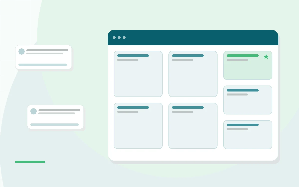 Flat illustration of a phone showing an intake checklist beside a calendar, a chat bubble and a stethoscope-free clinician clipboard, teal and mint palette