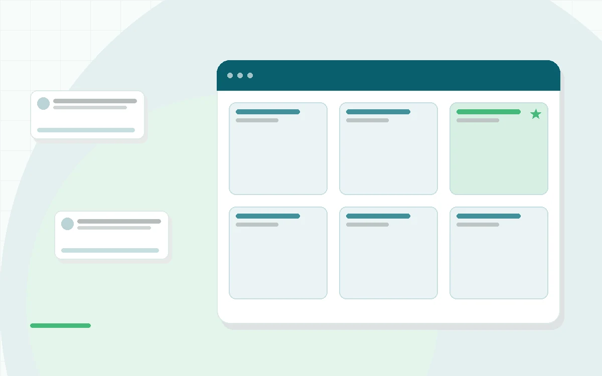 Flat illustration of a large shelf of audio sessions beside a single winding guided path, teal and mint palette