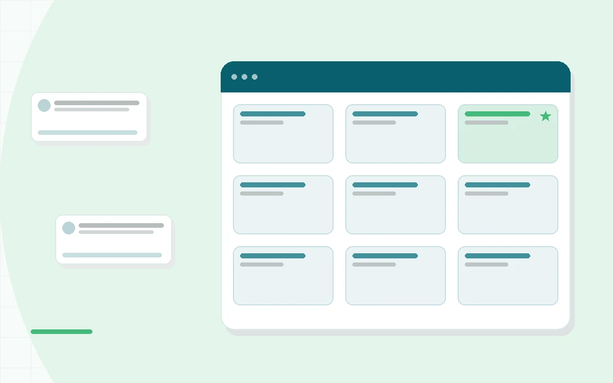 Flat illustration of a notebook and a calm seated figure side by side, teal and mint palette