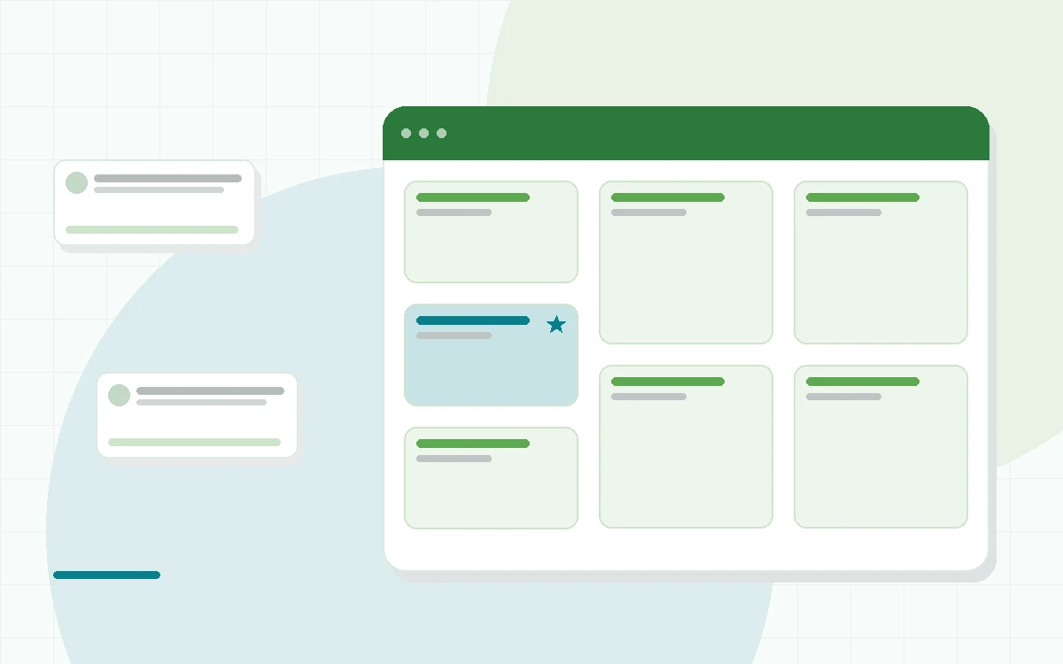 Flat illustration of chef-plated meal containers on a kitchen counter with a rotating menu card, teal and mint palette
