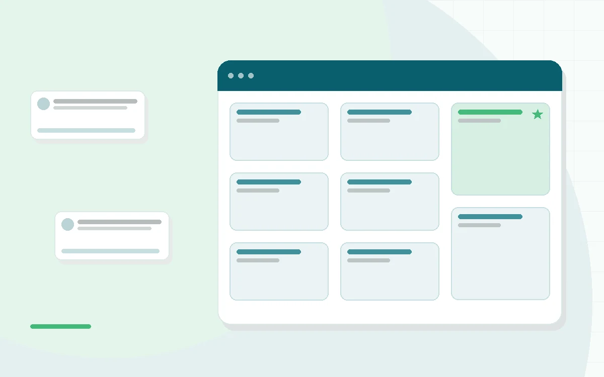 Flat illustration of a phone showing a journal entry with a calendar timeline, teal and mint palette