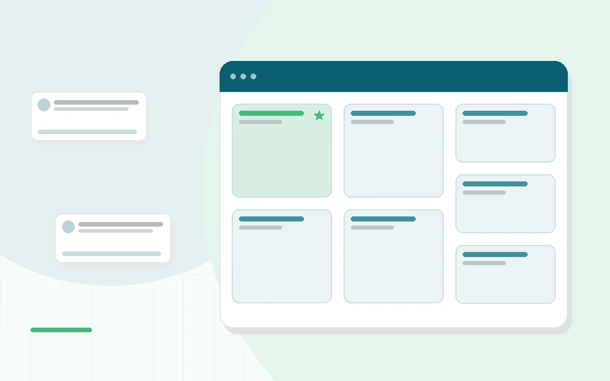 Flat illustration of a checklist with a heart meter and a growing plant, teal and mint palette