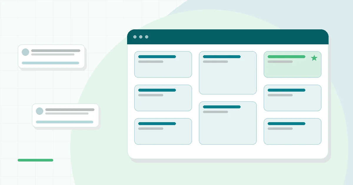 Flat illustration of a fish and an algae flask side by side, teal and mint palette
