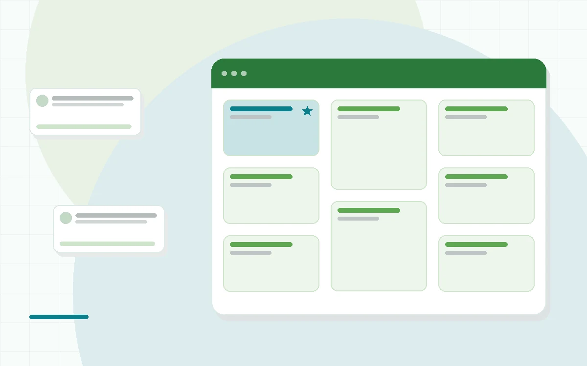 Flat illustration of organic meal kit ingredients and recipe cards on a kitchen counter beside a checklist and a pot, teal and mint palette