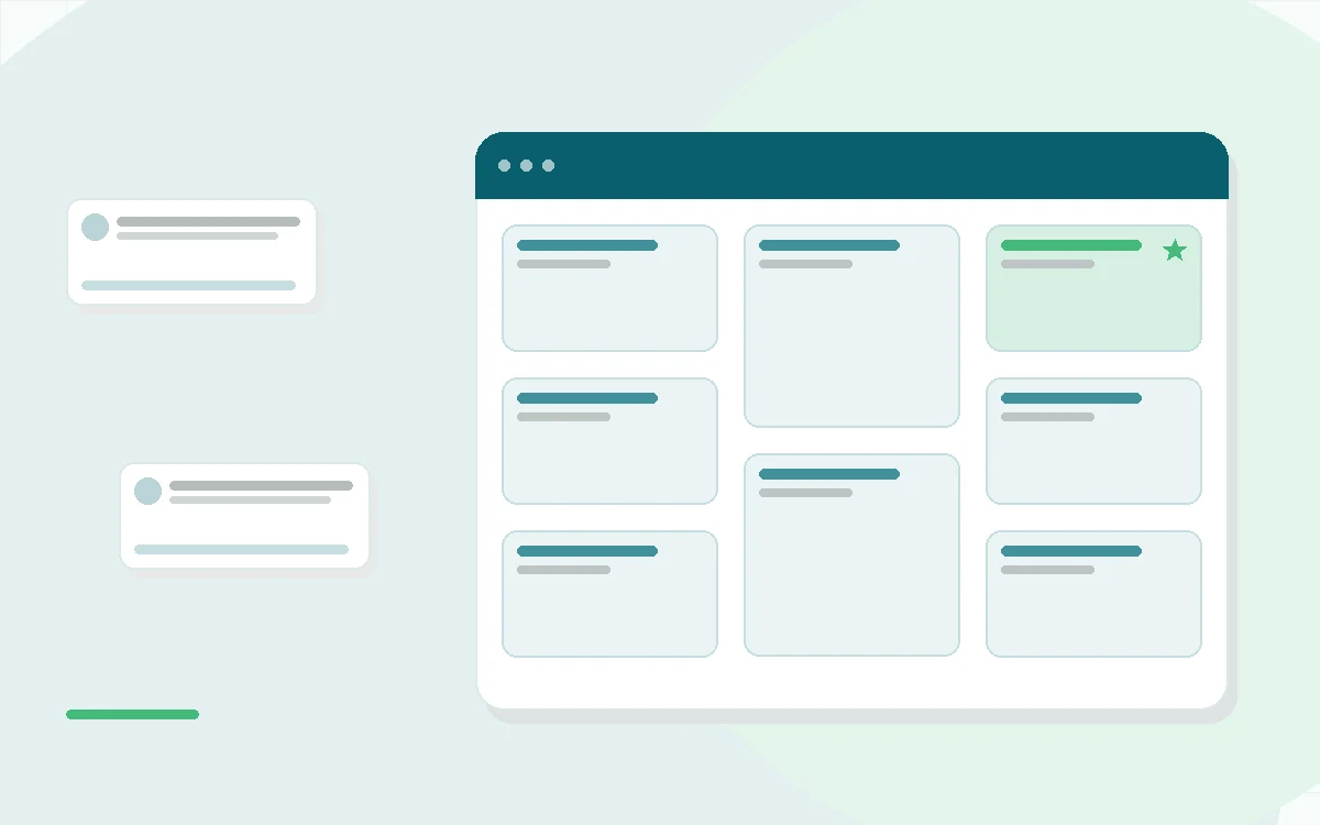 Flat illustration of a structured path beside a wide open library of meditation options, teal and mint palette