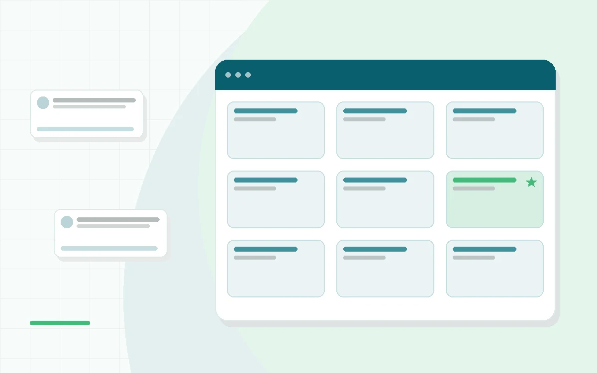Flat illustration of a person at a desk weighing five therapy choices shown as icons on a checklist, a phone with a chat bubble, a price tag, a shield and a calendar, teal and mint palette