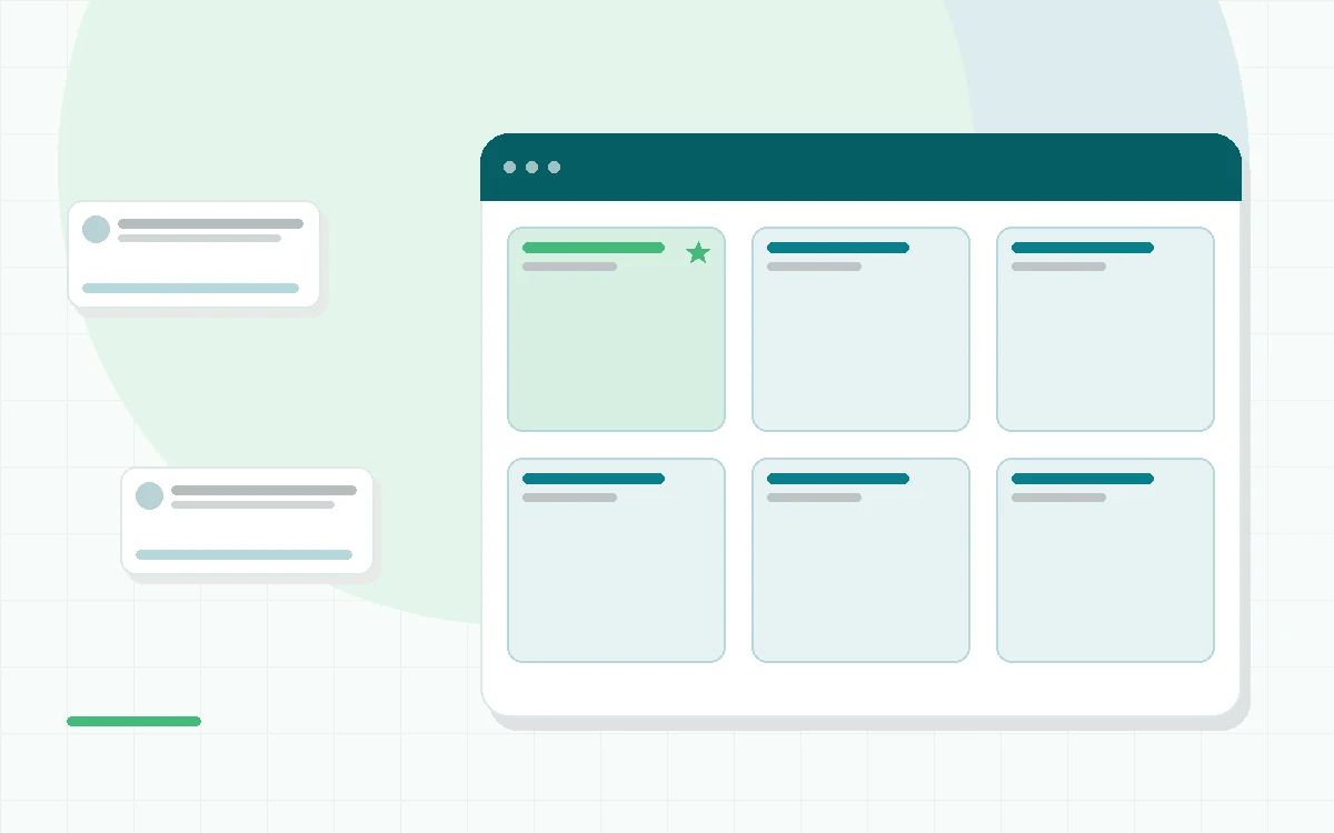 Flat illustration of a phone quiz leading to a set of supplement bottles, teal and mint palette