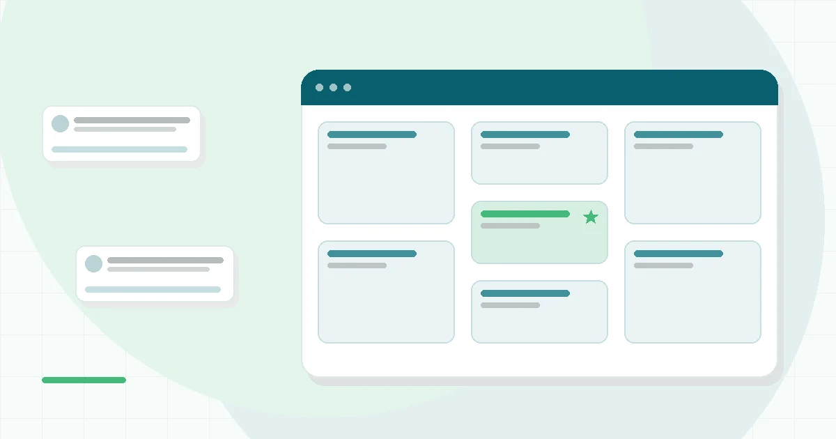 Flat illustration of a meditation app library with session cards, teal and mint palette