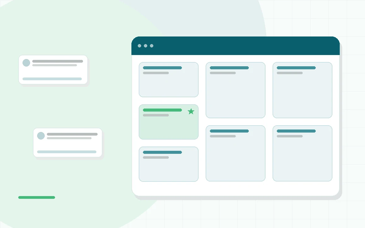 Flat illustration of a meditation app library with a large collection of session cards, teal and mint palette