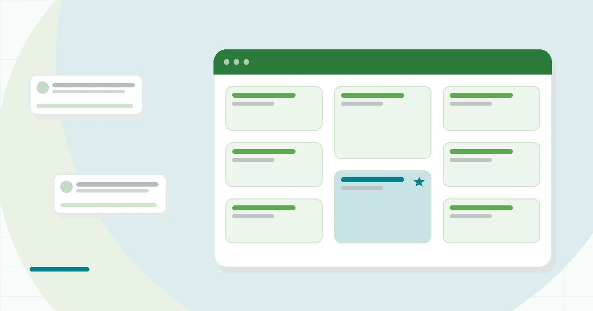 Flat illustration of a meal kit recipe card, fresh vegetables and a stovetop pan arranged on a kitchen counter, teal and mint palette