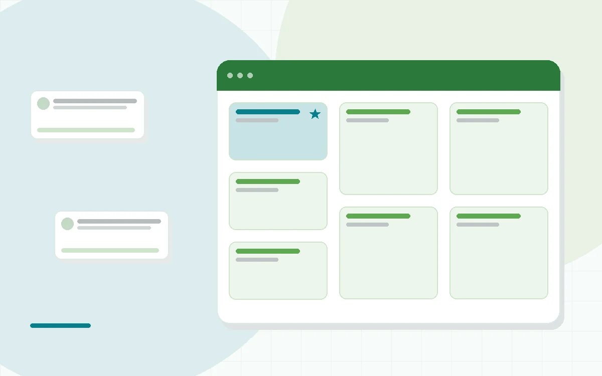 Flat illustration of a meal kit recipe card, fresh ingredients and a stovetop pan arranged on a kitchen counter, teal and mint palette