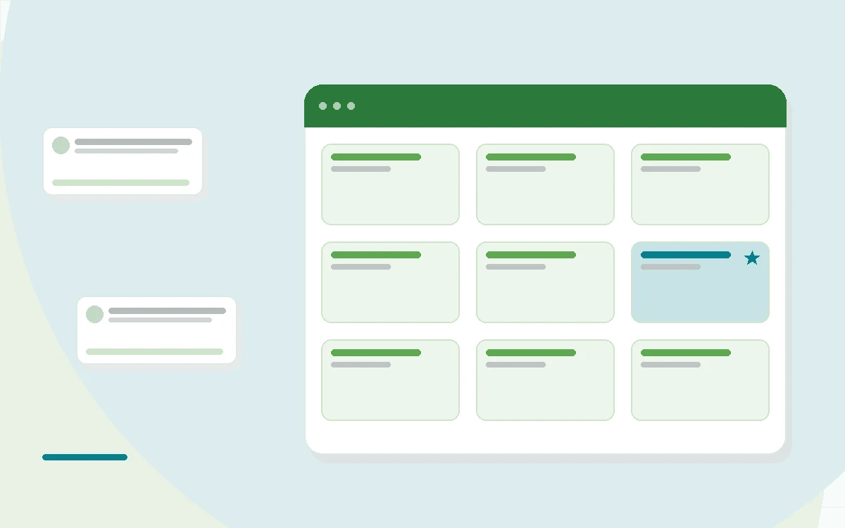 Flat illustration of a weekly meal planner beside a grocery list and vegetables, teal and mint palette