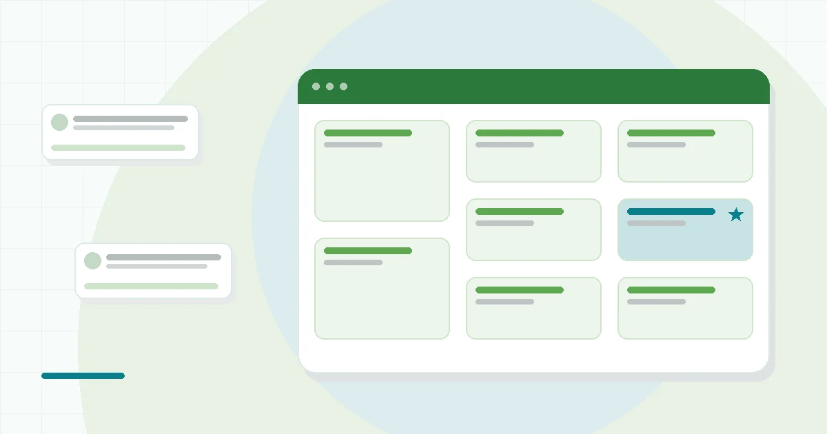 Flat illustration of a person reading daily lessons on a phone beside a journal, a scale icon and a checklist, teal and mint palette
