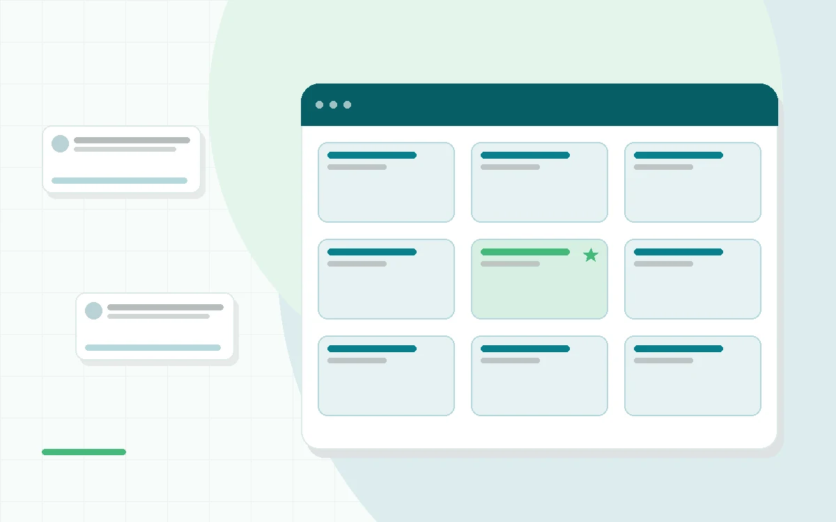 Flat illustration of a gummy vitamin bottle beside a label checklist card, teal and mint palette