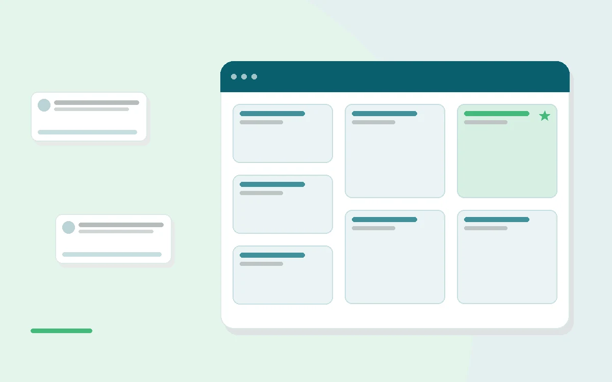 Flat illustration of a laptop video session beside an office armchair, teal and mint palette