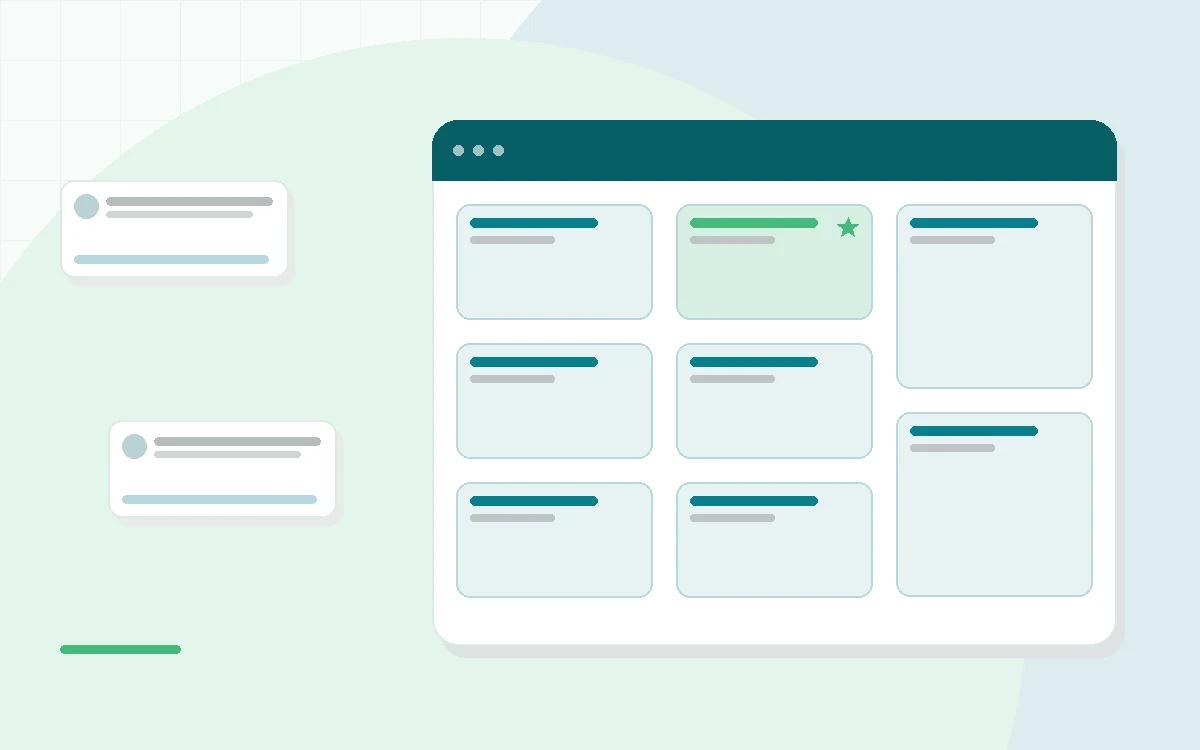 Flat illustration of a supplement bottle beside a checklist and magnifying glass, teal and mint palette