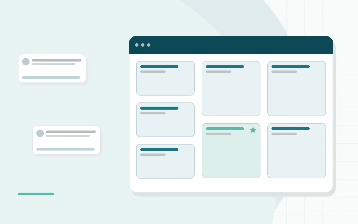 Flat illustration of a smart ring on a stand beside a smartphone showing a sleep chart, a sizing kit and a checklist, teal and mint palette