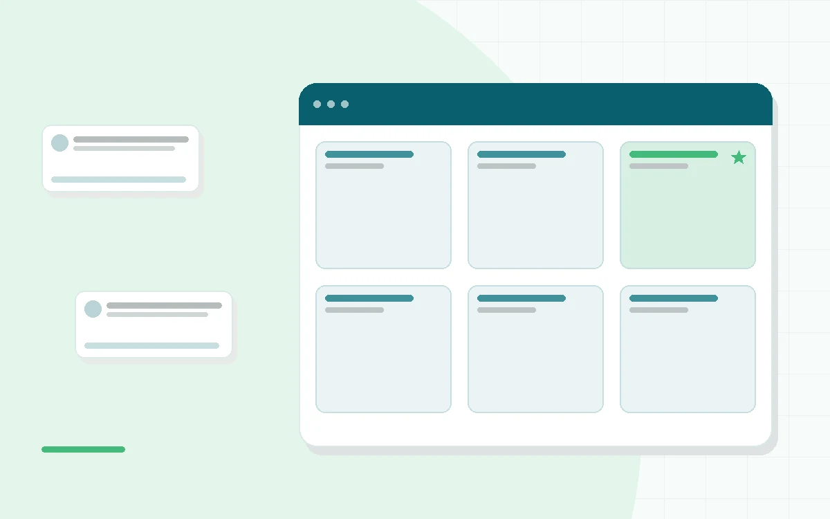 Flat illustration of a phone showing a journal entry with an AI follow-up question bubble, teal and mint palette