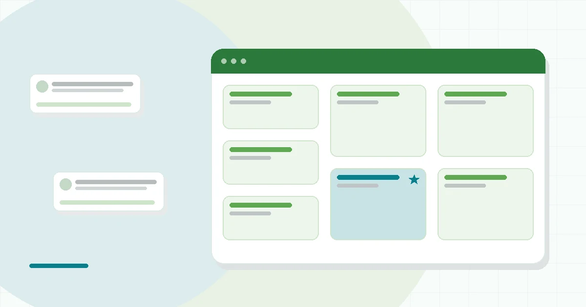 Flat illustration of an open organic meal kit box with fresh vegetables, a recipe card and a stovetop pan on a kitchen counter, teal and mint palette