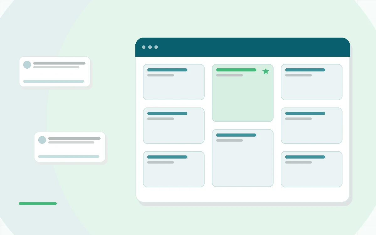 Flat illustration of a smartphone with a booking calendar beside a video session screen, an insurance card and a checklist, teal and mint palette