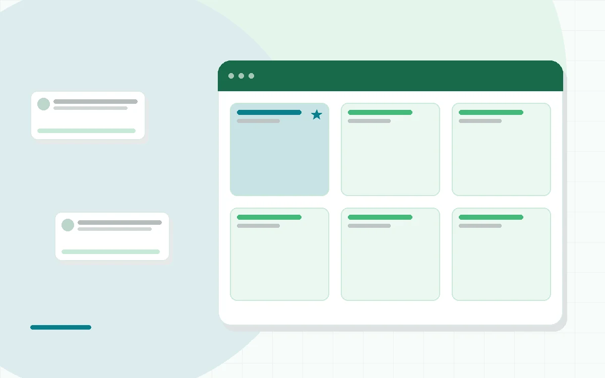 Flat illustration of a screenless fitness band beside a smartphone showing a morning checklist, a calendar and a coffee cup, teal and mint palette