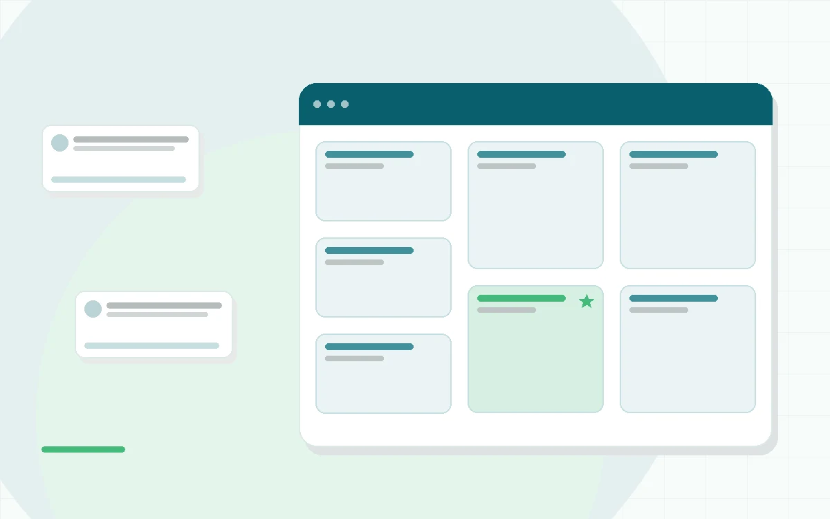 Flat illustration of a phone chat window with a friendly bot and thought bubbles, teal and mint palette
